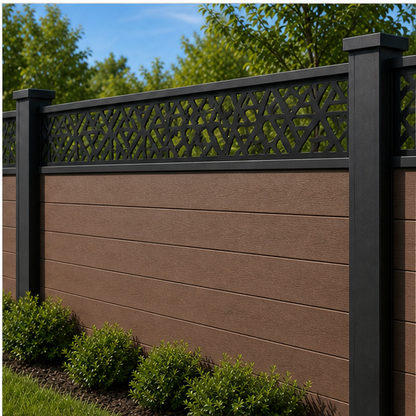 Triangle Diamond Lattice laser cut fence extension panel installed on composite fence, angle view, Design 212