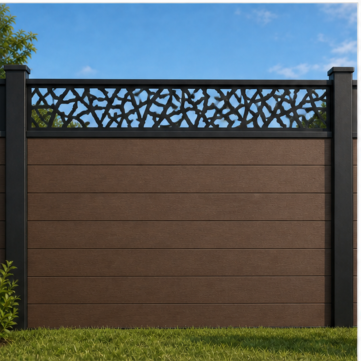 Triangle Diamond Lattice metal fence topper installed above WPC composite privacy fence, front view, Design 212