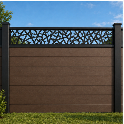 Triangle Diamond Lattice metal fence topper installed above WPC composite privacy fence, front view, Design 212