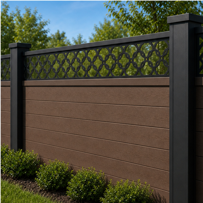 Linked Circle Trellis laser cut fence extension panel installed on composite fence, angle view, Design 213
