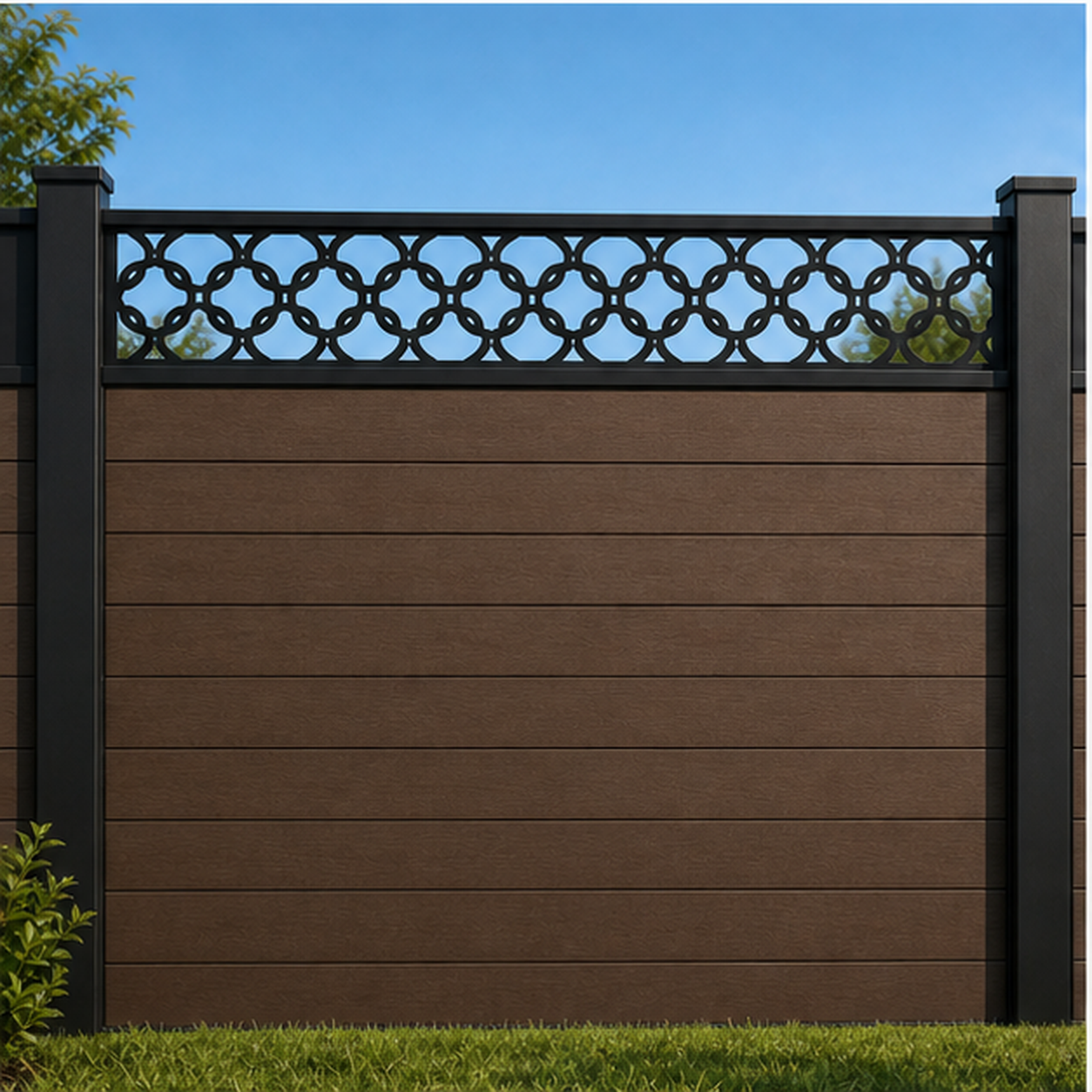 Linked Circle Trellis metal fence topper installed above WPC composite privacy fence, front view, Design 213