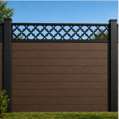 Linked Circle Trellis metal fence topper installed above WPC composite privacy fence, front view, Design 213