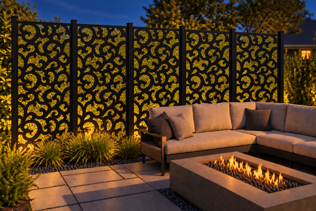 Design 213 Rolling Cloud Repeat Laser Cut Metal Privacy Screen Panel installed garden night lighting view