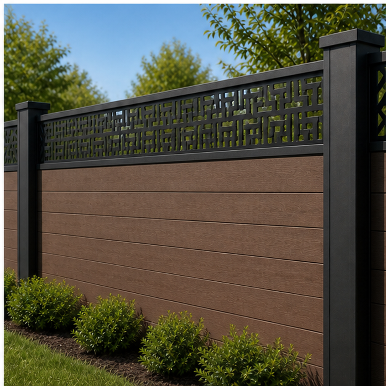 Digital Maze Privacy laser cut fence extension panel installed on composite fence, angle view, Design 214