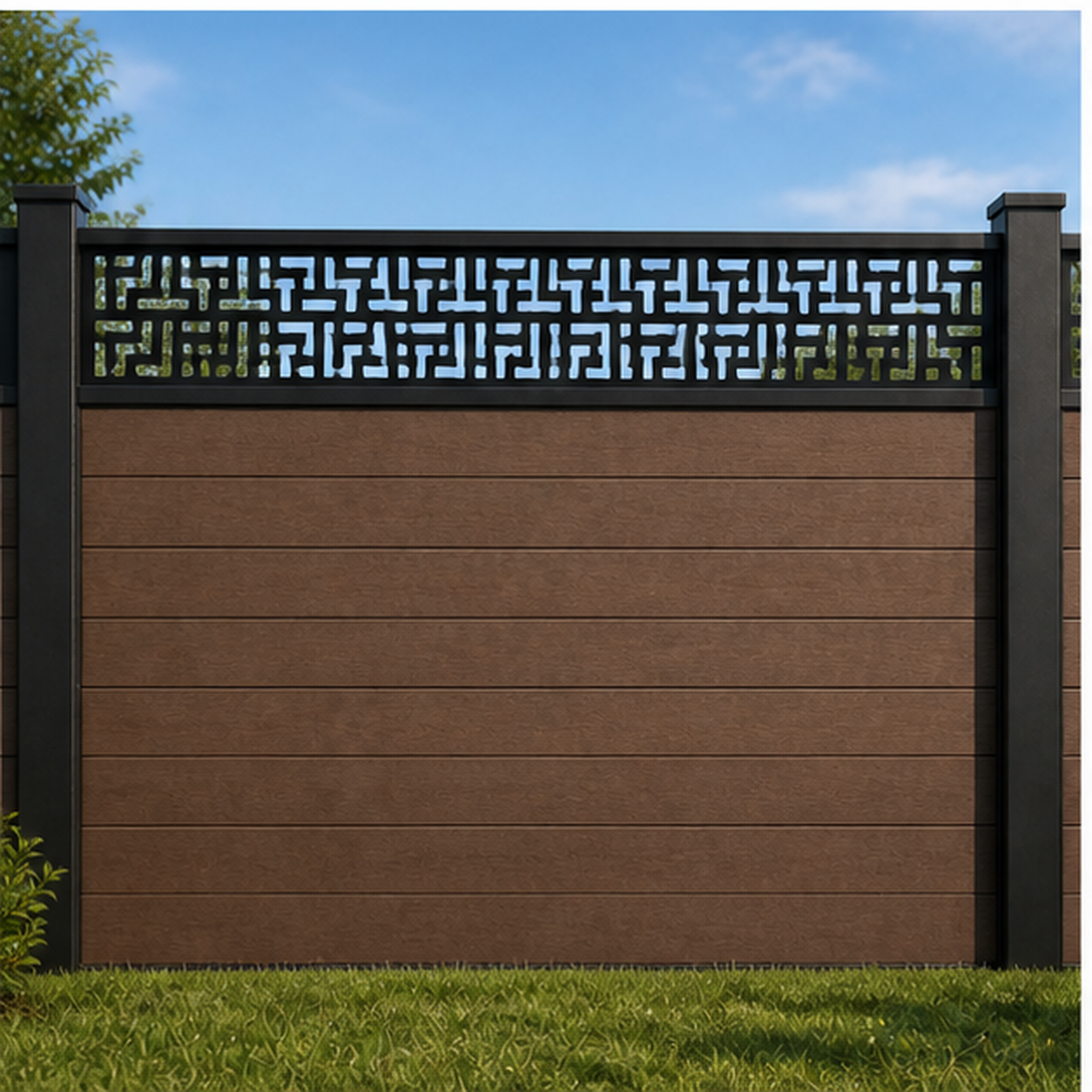 Digital Maze Privacy metal fence topper installed above WPC composite privacy fence, front view, Design 214