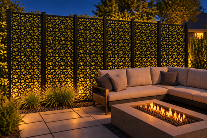 Design 214 Fine Cloud Filigree Laser Cut Metal Privacy Screen Panel installed garden night lighting view