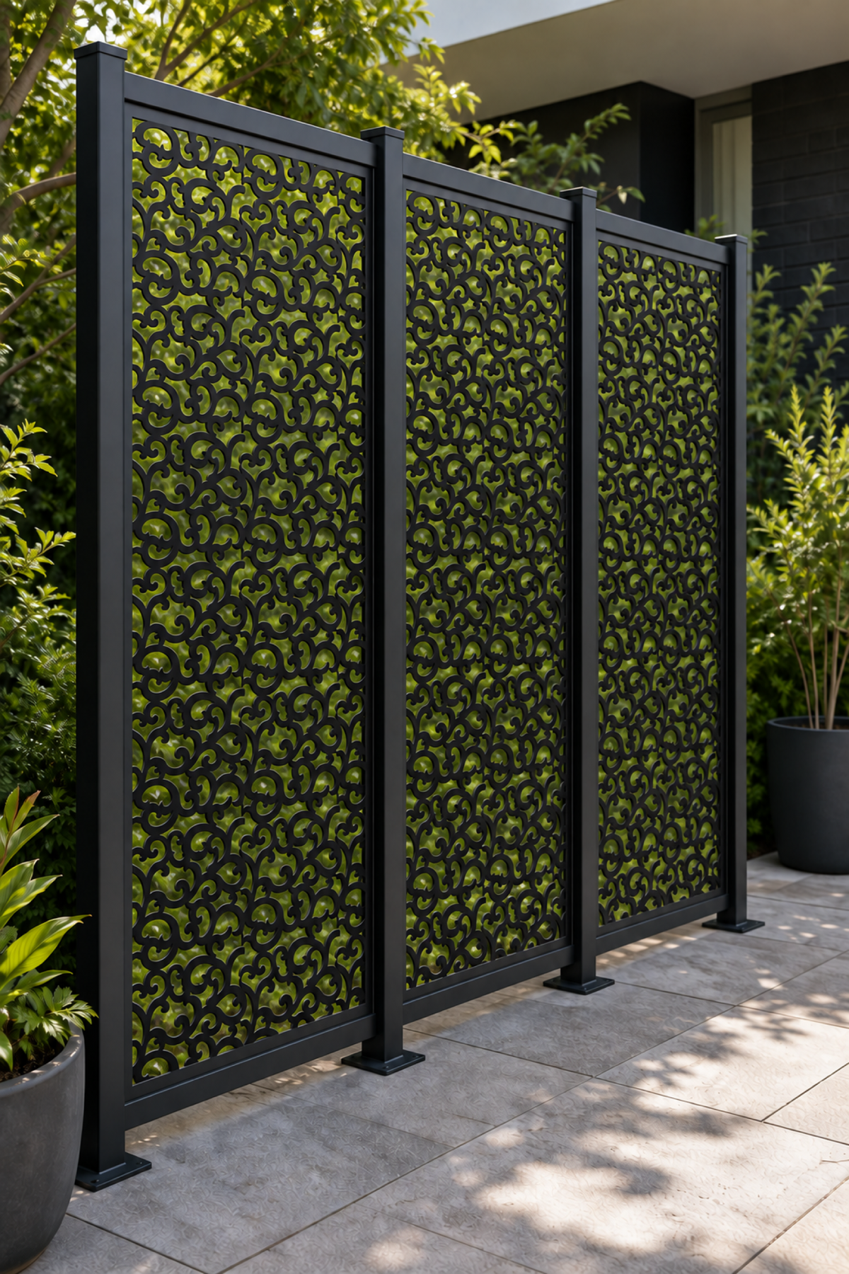 Design 214 Fine Cloud Filigree Laser Cut Metal Privacy Screen Panel oblique angle view