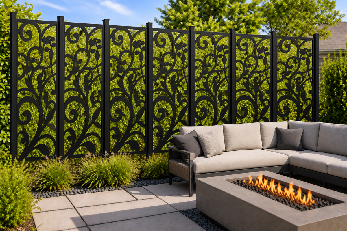 Design 215 Curling Leaf Stem Laser Cut Metal Privacy Screen Panel installed garden daylight view