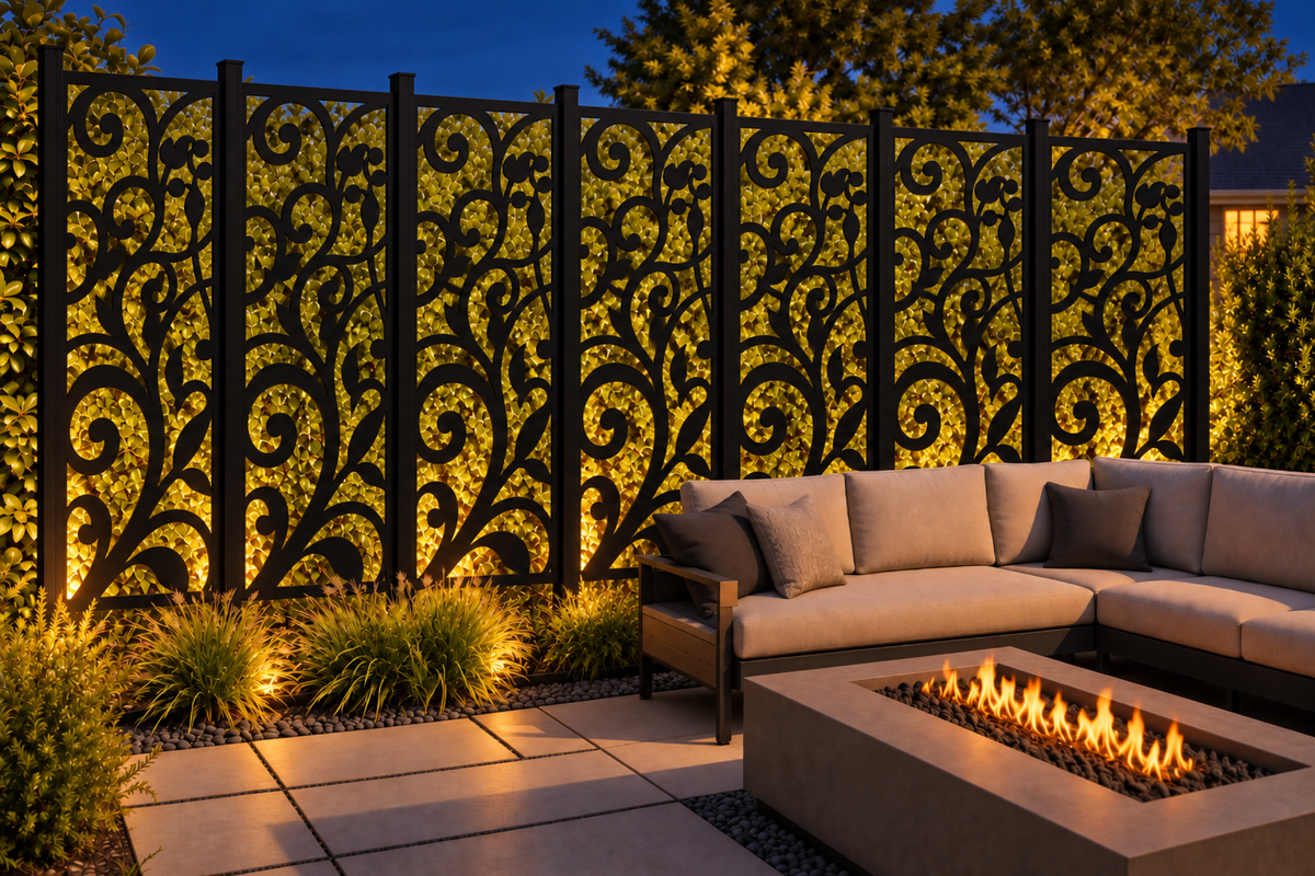Design 215 Curling Leaf Stem Laser Cut Metal Privacy Screen Panel installed garden night lighting view