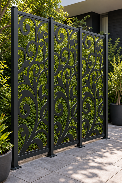 Design 215 Curling Leaf Stem Laser Cut Metal Privacy Screen Panel oblique angle view
