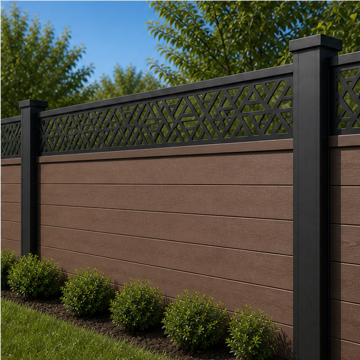 Tribal Triangle Rail laser cut fence extension panel installed on composite fence, angle view, Design 215