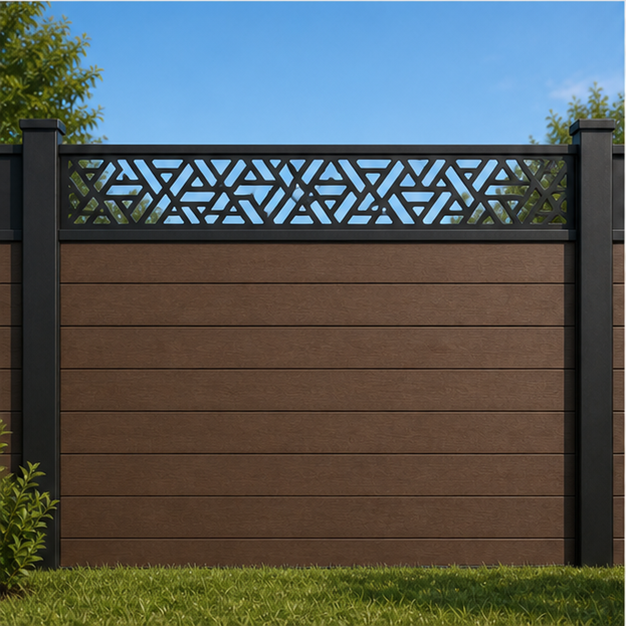 Tribal Triangle Rail metal fence topper installed above WPC composite privacy fence, front view, Design 215