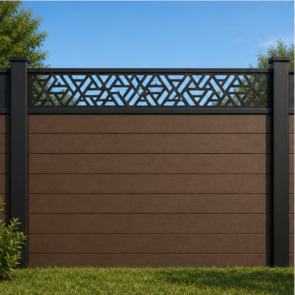 Tribal Triangle Rail metal fence topper installed above WPC composite privacy fence, front view, Design 215