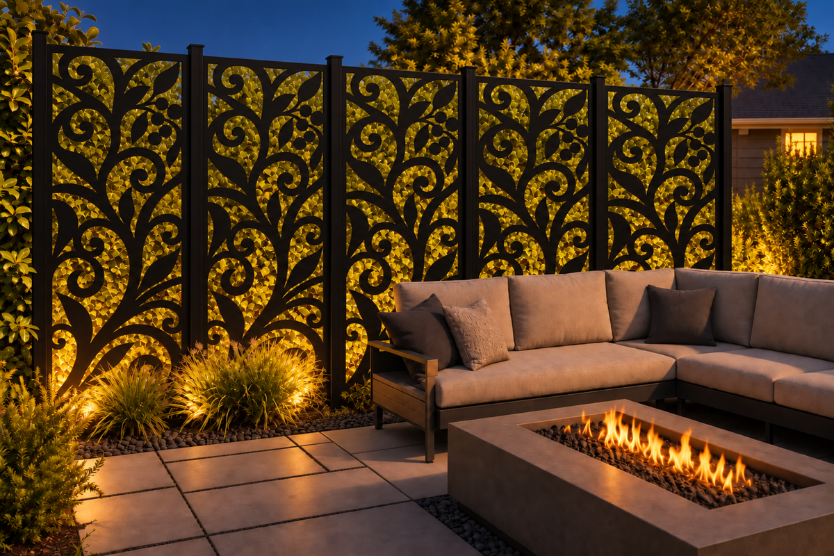 Design 216 Bold Floral Stem Laser Cut Metal Privacy Screen Panel installed garden night lighting view
