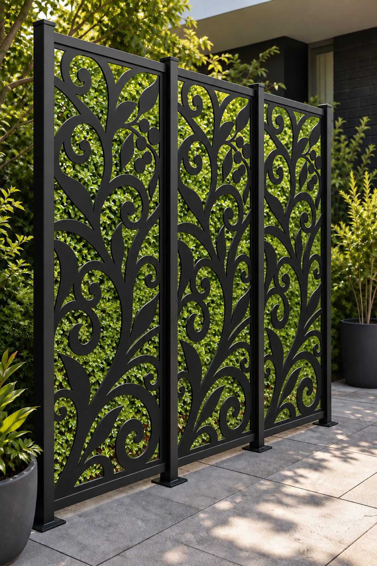 Design 216 Bold Floral Stem Laser Cut Metal Privacy Screen Panel oblique angle view