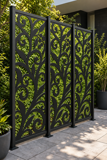 Design 216 Bold Floral Stem Laser Cut Metal Privacy Screen Panel oblique angle view