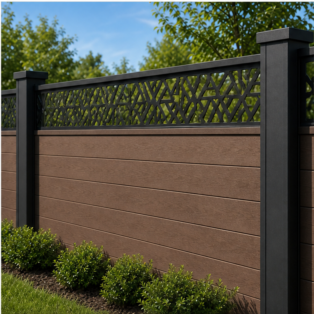 Chevron Leaf Band laser cut fence extension panel installed on composite fence, angle view, Design 216