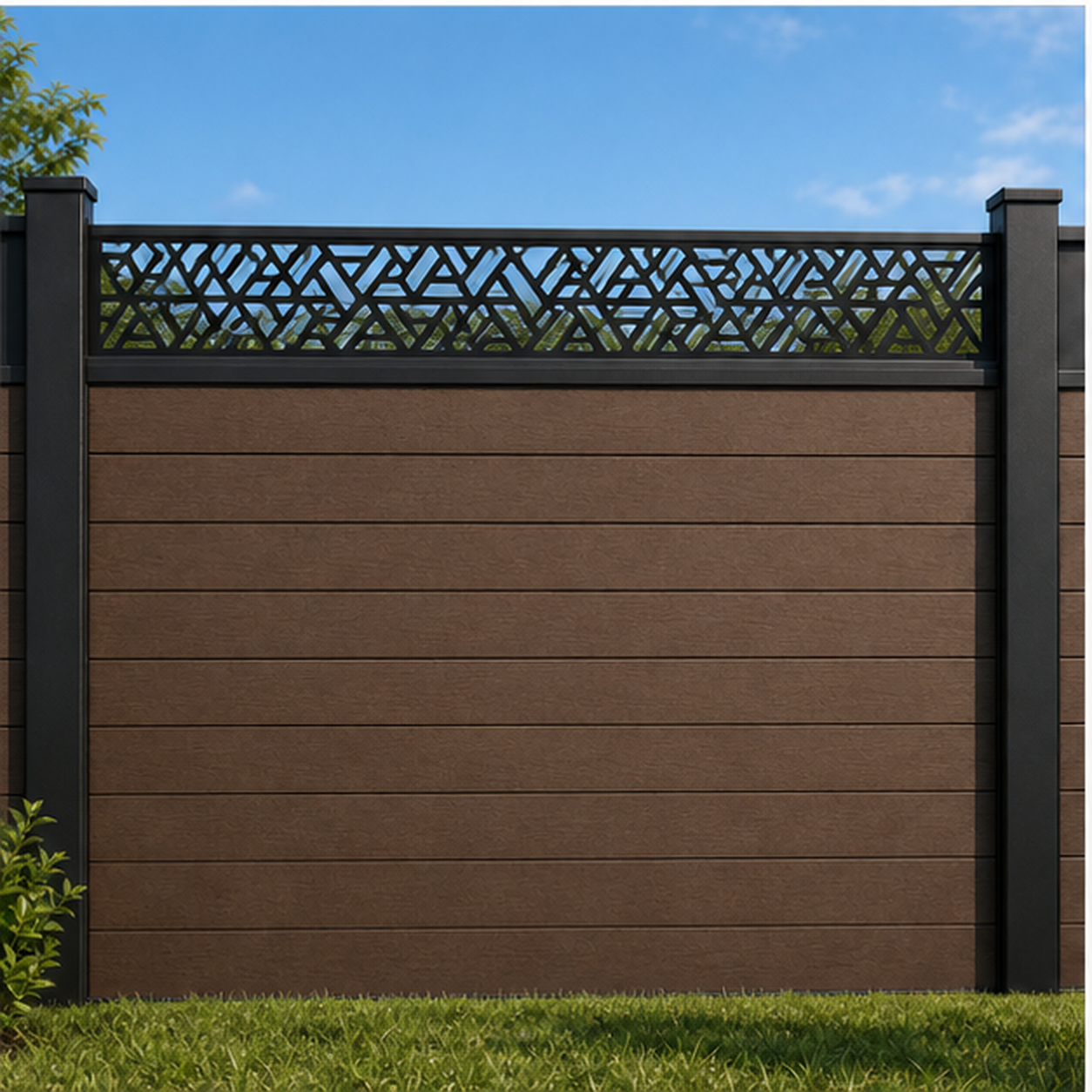 Chevron Leaf Band metal fence topper installed above WPC composite privacy fence, front view, Design 216