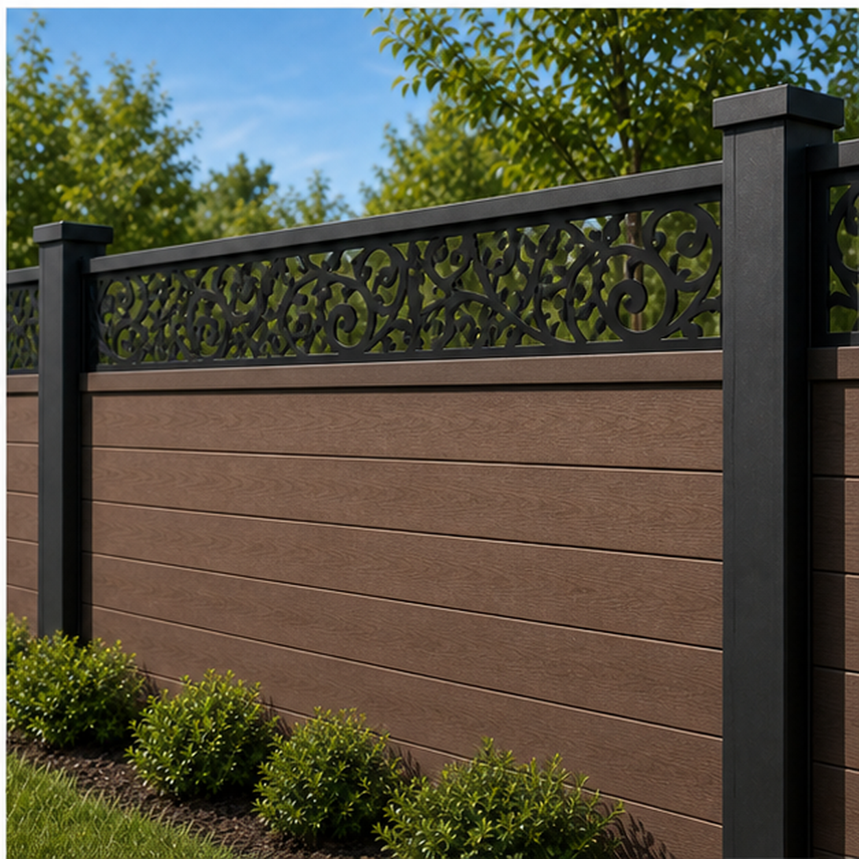 Fine Cloud Scroll laser cut fence extension panel installed on composite fence, angle view, Design 217