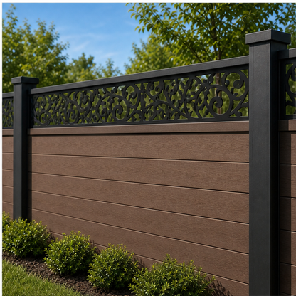 Fine Cloud Scroll laser cut fence extension panel installed on composite fence, angle view, Design 217