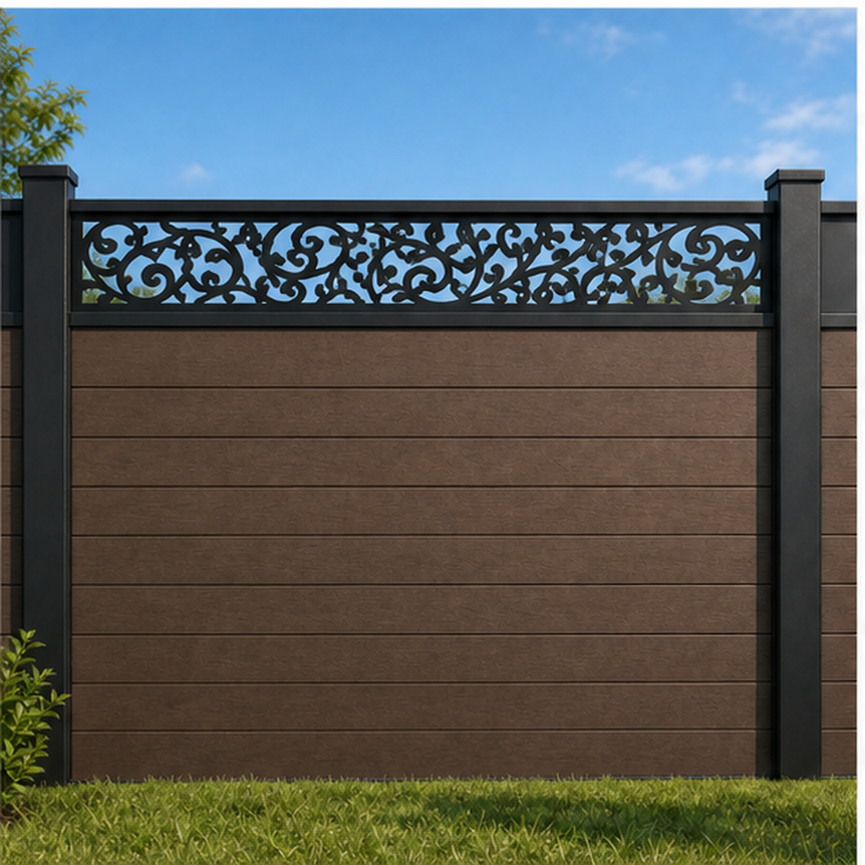 Fine Cloud Scroll metal fence topper installed above WPC composite privacy fence, front view, Design 217