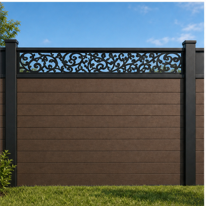 Fine Cloud Scroll metal fence topper installed above WPC composite privacy fence, front view, Design 217