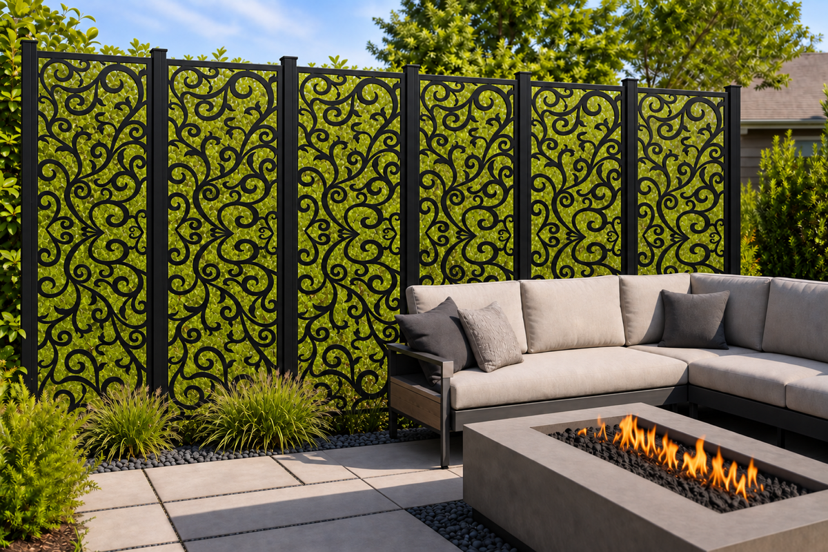 Design 217 Fine Garden Scroll Laser Cut Metal Privacy Screen Panel installed garden daylight view