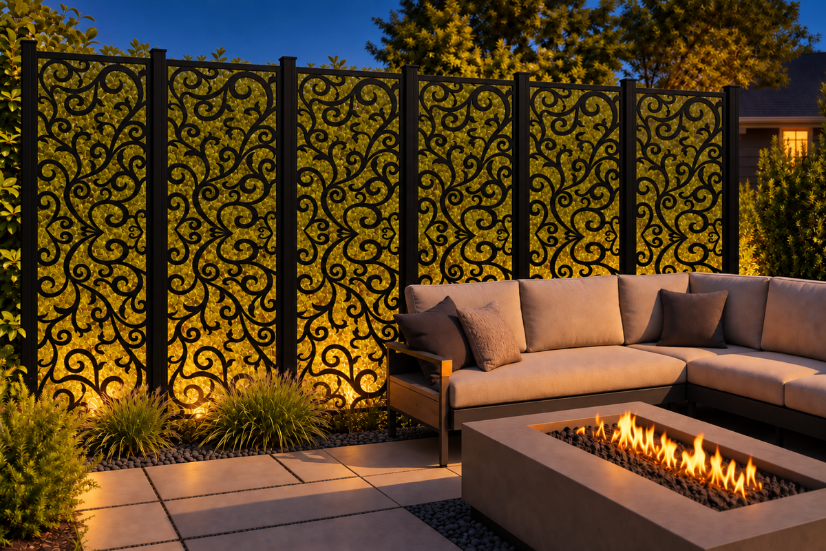 Design 217 Fine Garden Scroll Laser Cut Metal Privacy Screen Panel installed garden night lighting view