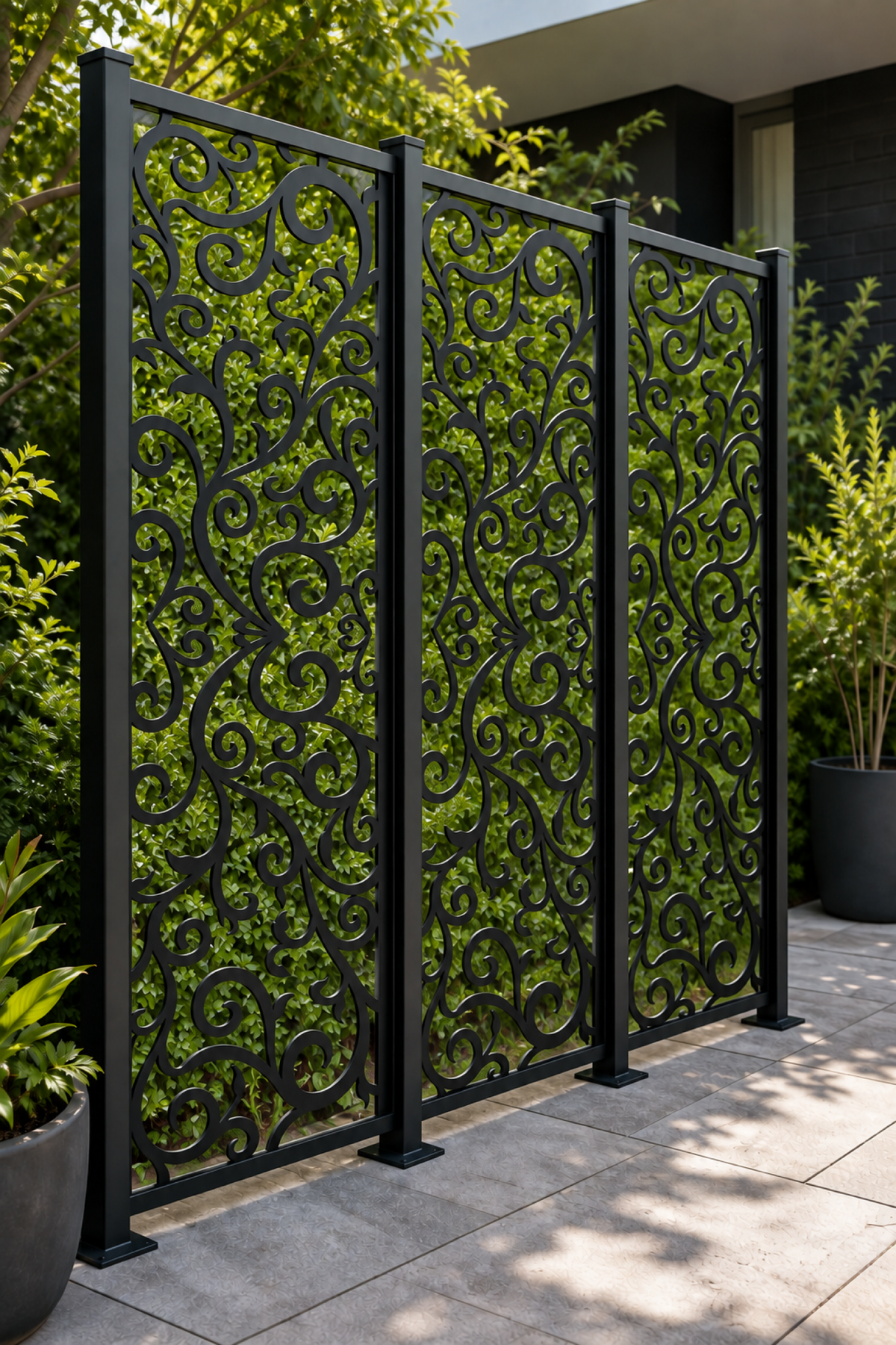 Design 217 Fine Garden Scroll Laser Cut Metal Privacy Screen Panel oblique angle view
