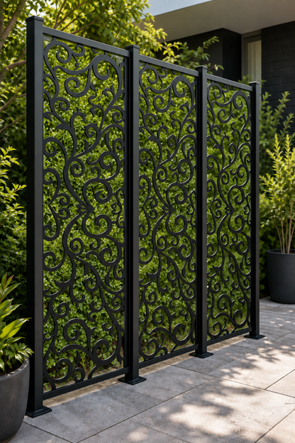 Design 217 Fine Garden Scroll Laser Cut Metal Privacy Screen Panel oblique angle view