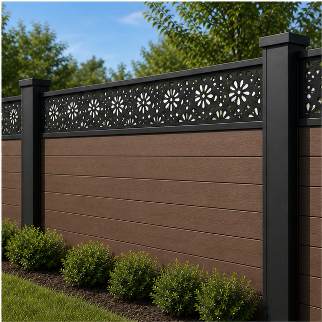 Flower Medallion Grid laser cut fence extension panel installed on composite fence, angle view, Design 218