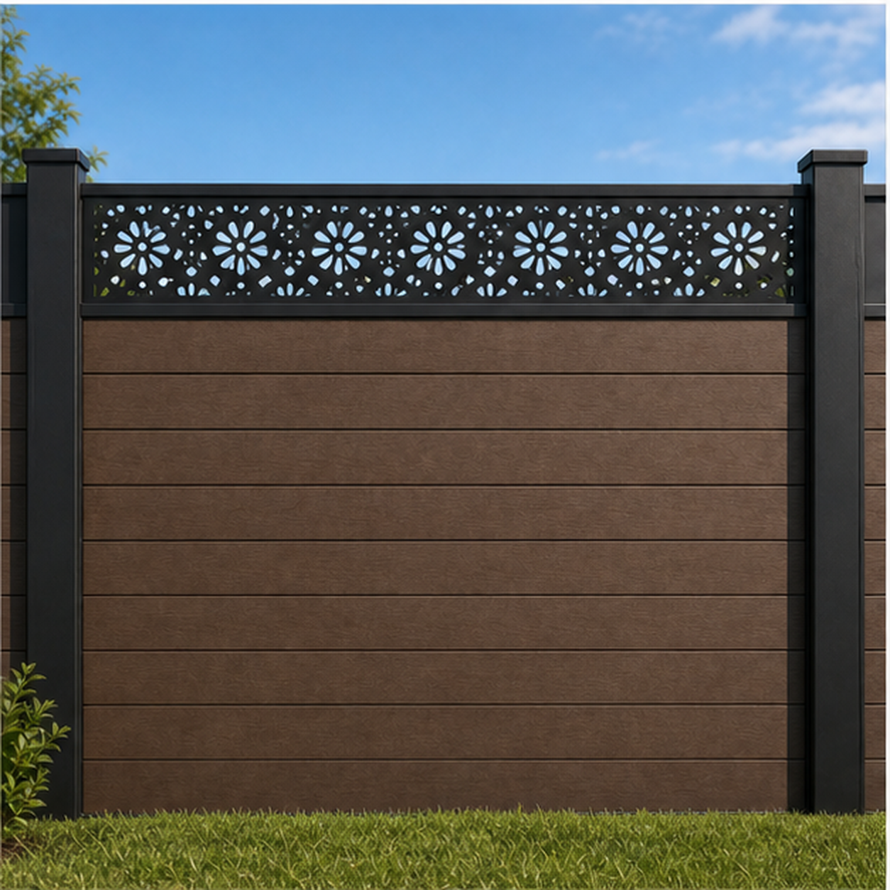 Flower Medallion Grid metal fence topper installed above WPC composite privacy fence, front view, Design 218