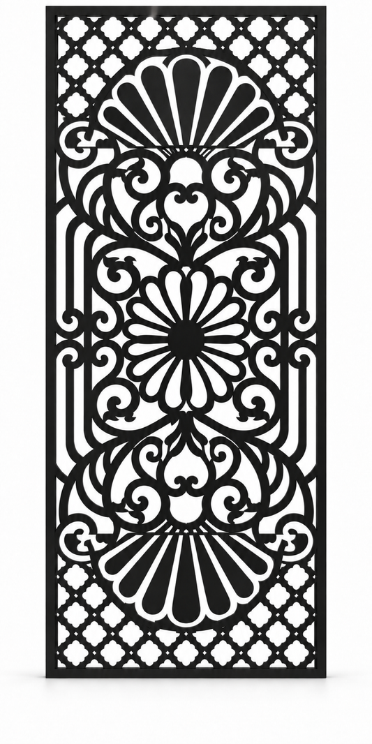 Design 218 Twin Fan Damask Laser Cut Metal Privacy Screen Panel front main view