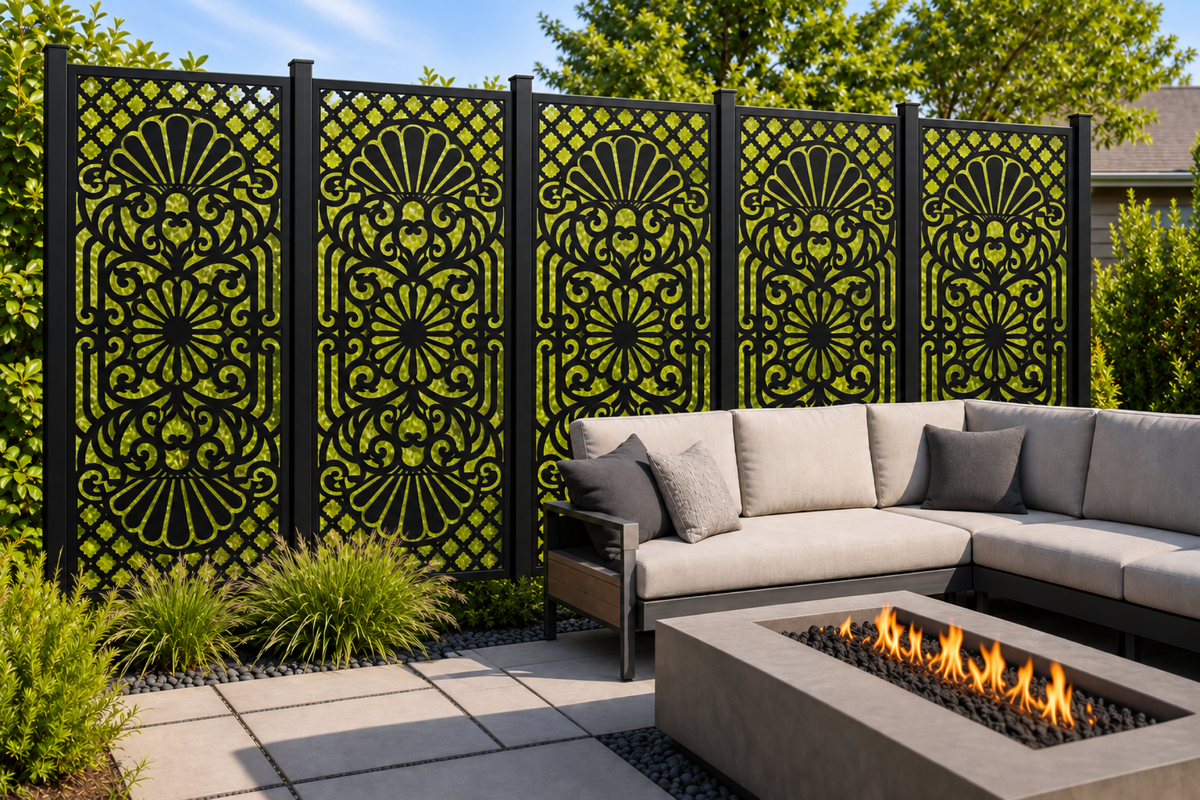 Design 218 Twin Fan Damask Laser Cut Metal Privacy Screen Panel installed garden daylight view