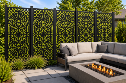 Design 218 Twin Fan Damask Laser Cut Metal Privacy Screen Panel installed garden daylight view