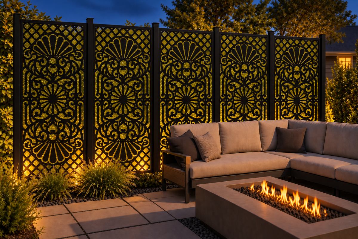 Design 218 Twin Fan Damask Laser Cut Metal Privacy Screen Panel installed garden night lighting view