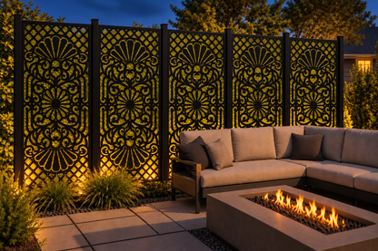 Design 218 Twin Fan Damask Laser Cut Metal Privacy Screen Panel installed garden night lighting view