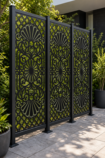Design 218 Twin Fan Damask Laser Cut Metal Privacy Screen Panel oblique angle view