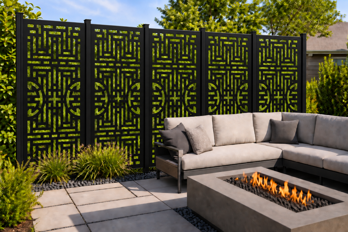 Design 219 Fragmented Urban Grid Laser Cut Metal Privacy Screen Panel installed garden daylight view