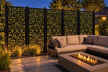 Design 219 Fragmented Urban Grid Laser Cut Metal Privacy Screen Panel installed garden night lighting view