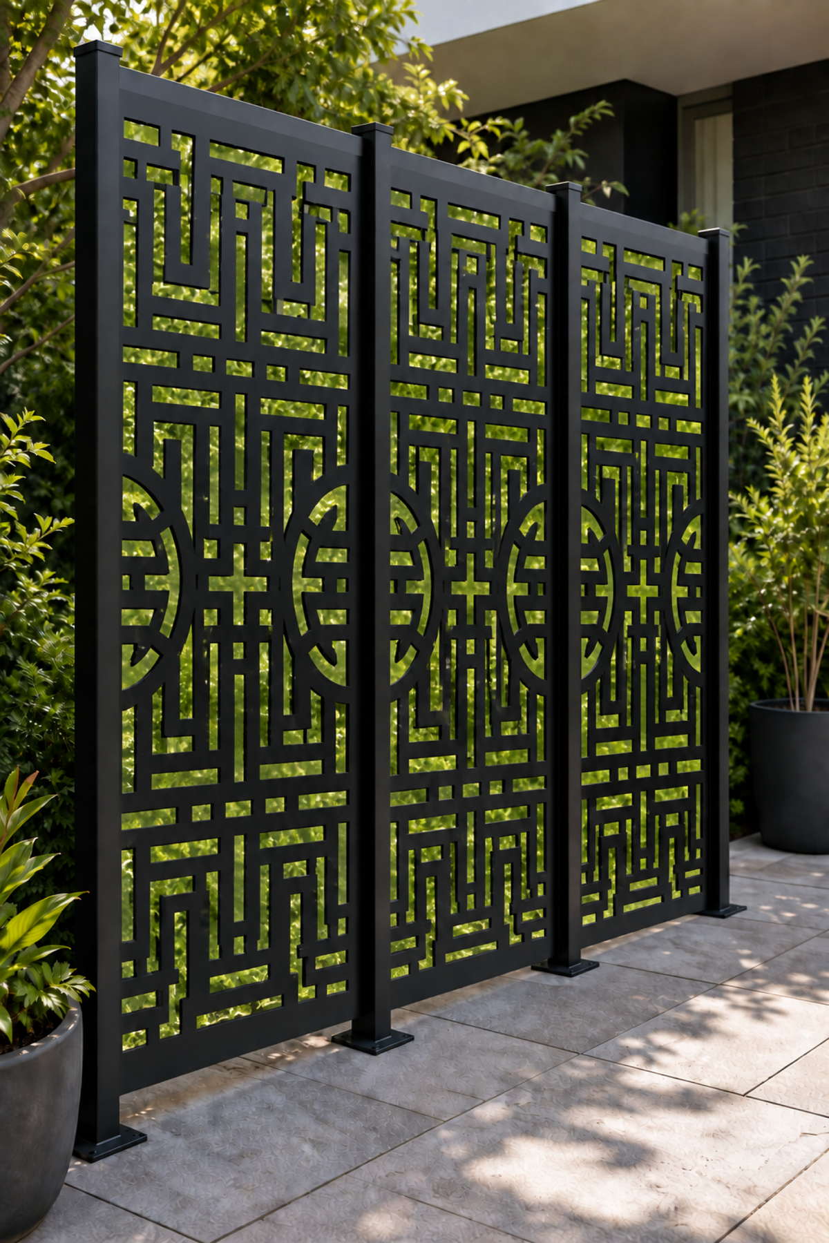 Design 219 Fragmented Urban Grid Laser Cut Metal Privacy Screen Panel oblique angle view