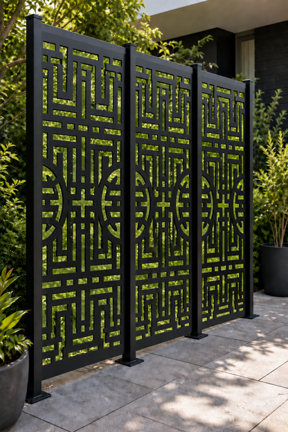 Design 219 Fragmented Urban Grid Laser Cut Metal Privacy Screen Panel oblique angle view