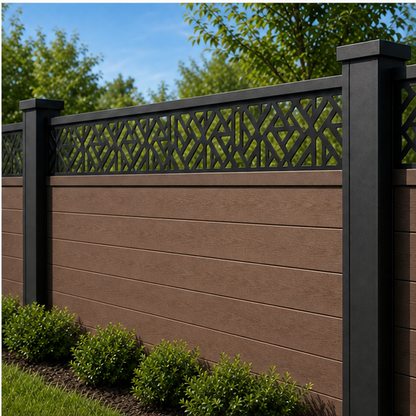 Mini Chevron Diamond laser cut fence extension panel installed on composite fence, angle view, Design 219
