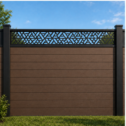 Mini Chevron Diamond metal fence topper installed above WPC composite privacy fence, front view, Design 219