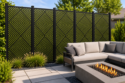Design 220 Chevron Stripe Weave Laser Cut Metal Privacy Screen Panel installed garden daylight view