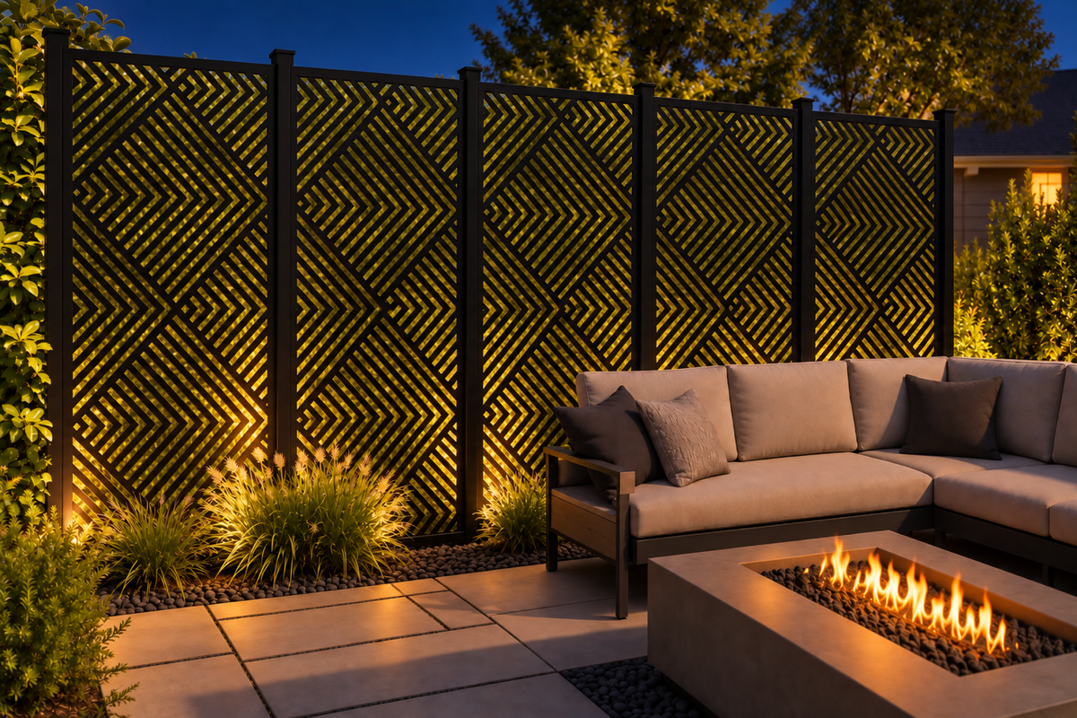 Design 220 Chevron Stripe Weave Laser Cut Metal Privacy Screen Panel installed garden night lighting view