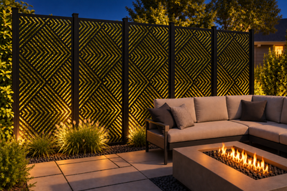 Design 220 Chevron Stripe Weave Laser Cut Metal Privacy Screen Panel installed garden night lighting view