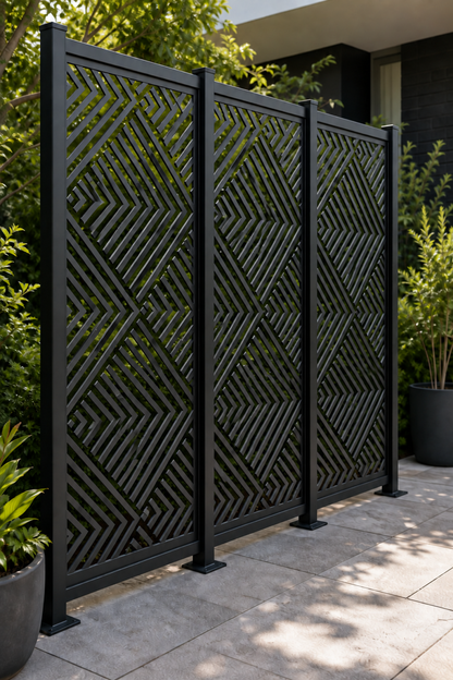 Design 220 Chevron Stripe Weave Laser Cut Metal Privacy Screen Panel oblique angle view