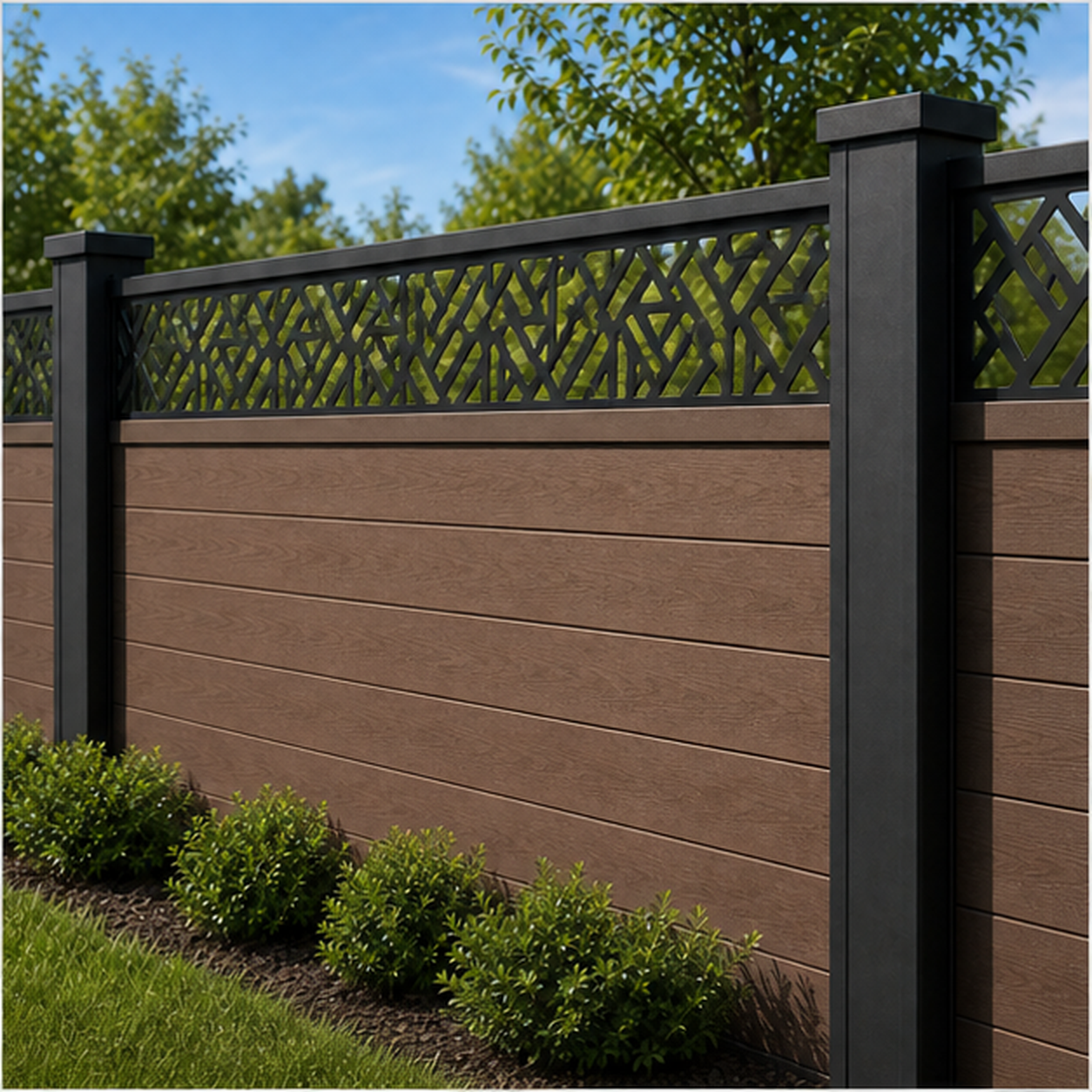 Triangle Leaf Lattice laser cut fence extension panel installed on composite fence, angle view, Design 220
