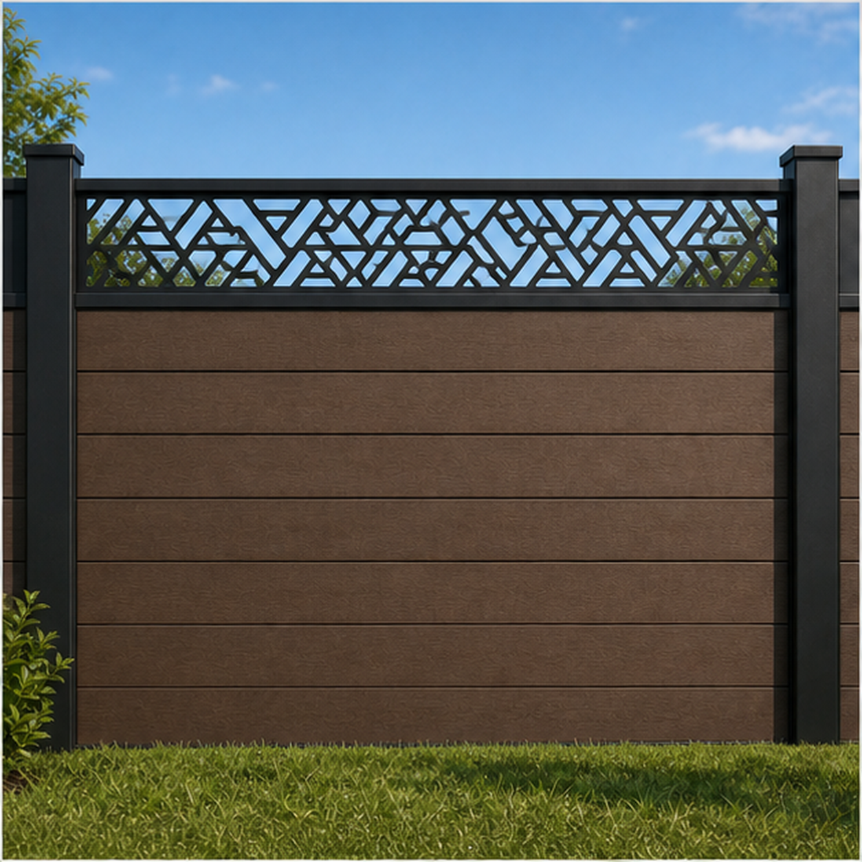 Triangle Leaf Lattice metal fence topper installed above WPC composite privacy fence, front view, Design 220